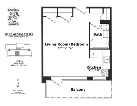 Floor plan for studio, 1 bath, 340 sqft